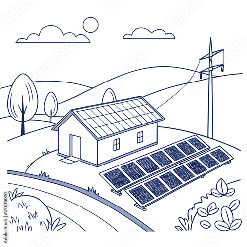 Simple line drawing of a house with solar panels on the roof and in the yard connected to power lines