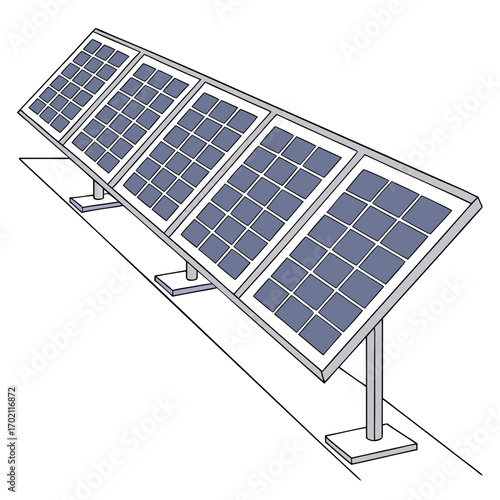 Row of solar panels mounted on metal frames angled towards the sun for renewable energy generation