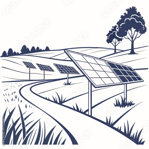 Solar panels arrayed across rolling hills with trees and a winding path in a clean graphic style