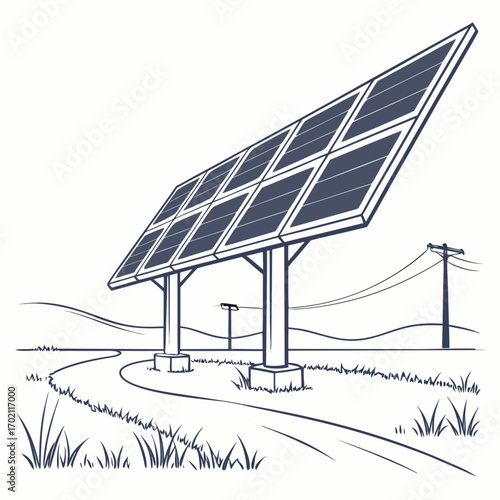 Modern solar panel array in a rural landscape with rolling hills and a winding path