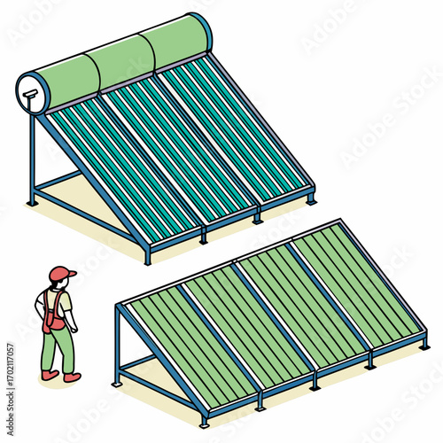 Isometric illustration of two types of solar water heating systems with a technician inspecting them