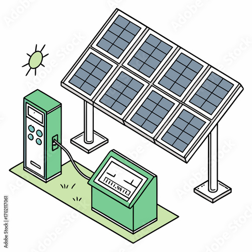 Illustration of solar panels connected to a charging station and a control panel with a sun icon