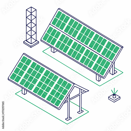 Isometric illustration of solar panels and a communication tower representing renewable energy and technology