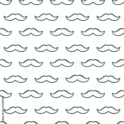 Simple green outline of a handlebar mustache in a repeating seamless pattern. Vector graphic illustration for fabric or wallpaper design