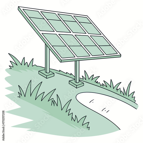 A simple cartoon illustration of a solar panel standing on grass next to a pathway