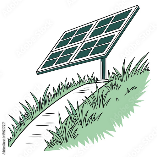 Simple illustration of a solar panel installed in a grassy area next to a winding path