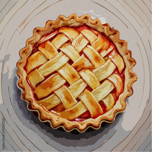 Jolie tarte aux pommes rustique, vue du dessus, entière