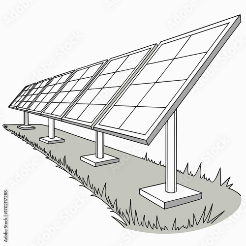 Row of solar panels on stands in a grassy field generating clean renewable energy