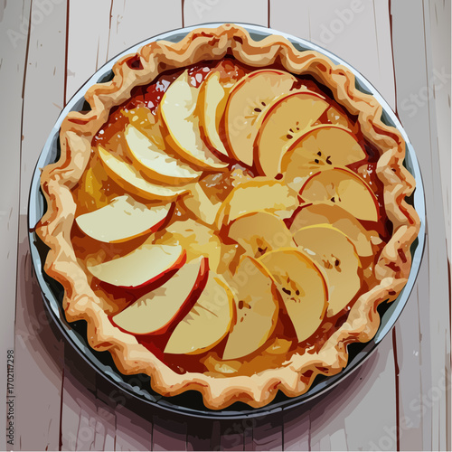 Jolie tarte aux pommes rustique, vue du dessus, entière
