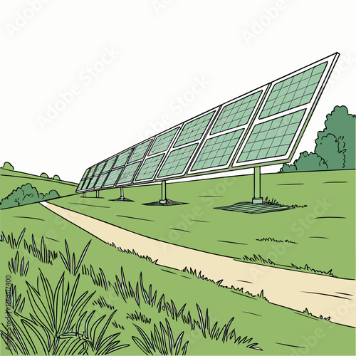 A row of solar panels on a grassy hill with a dirt path leading towards them