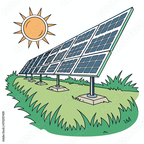 Illustration of a solar panel array on a grassy field under a bright sun