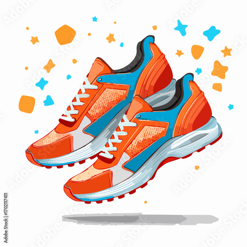 Chaussures de sport orange et bleue, colorée, basket, course à pied, fond blanc