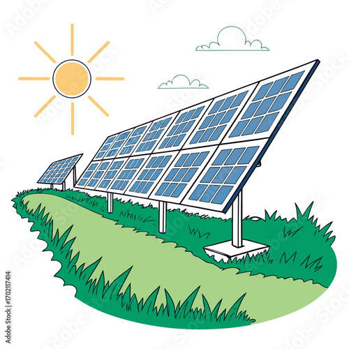 Bright sun shines on a field of solar panels generating clean renewable energy on a grassy hill