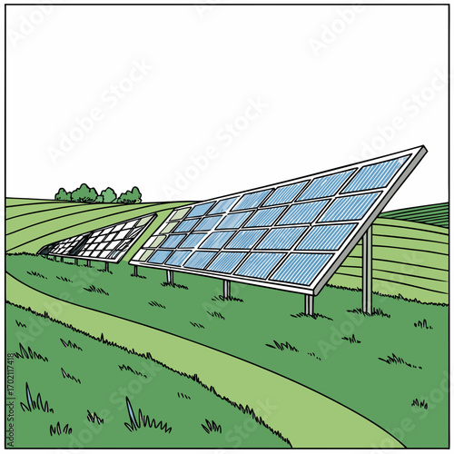 Modern solar panels array installed on a green grassy hillside under a clear white sky