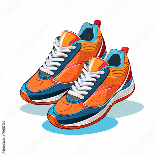 Chaussures de sport orange et bleue, colorée, basket, course à pied, fond blanc