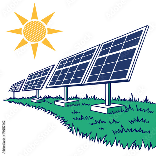 Bright sun shining on a row of solar panels generating clean renewable energy on green grass