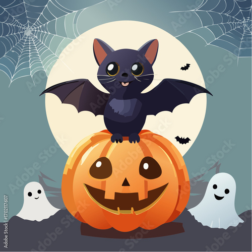 Jolie citrouille souriante sculptée, chauve-souris et fantôme, toile d'araignée, Halloween, célébration 