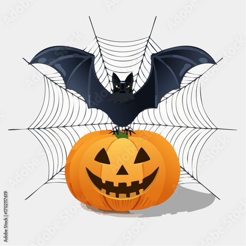Citrouille avec visage sculptée, chauve-souris, toile d'araignée, Halloween, fond blanc