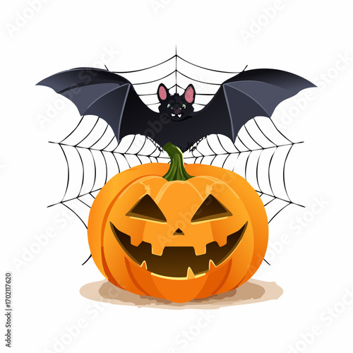 Citrouille avec visage sculptée, chauve-souris, toile d'araignée, Halloween, fond blanc