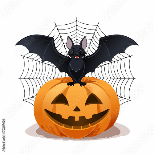 Citrouille avec visage sculptée, chauve-souris, toile d'araignée, Halloween, fond blanc