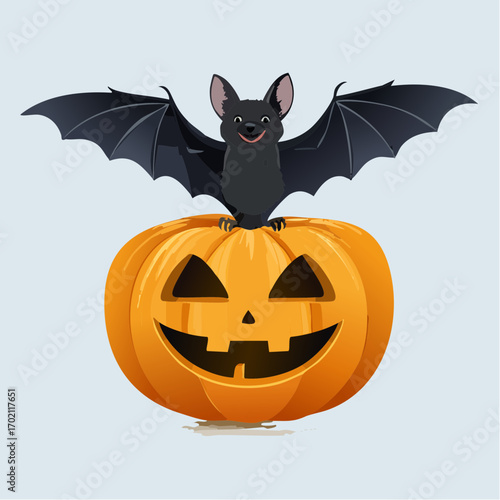 Citrouille avec visage sculptée, chauve-souris, Halloween, fond blanc