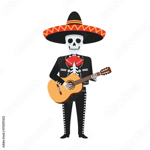 Festive skeleton mariachi musician with a guitar, wearing a traditional charro suit and sombrero for a Day of the Dead celebration
