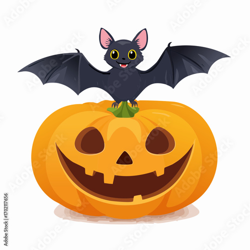 Citrouille avec visage sculptée, chauve-souris, Halloween, fond blanc