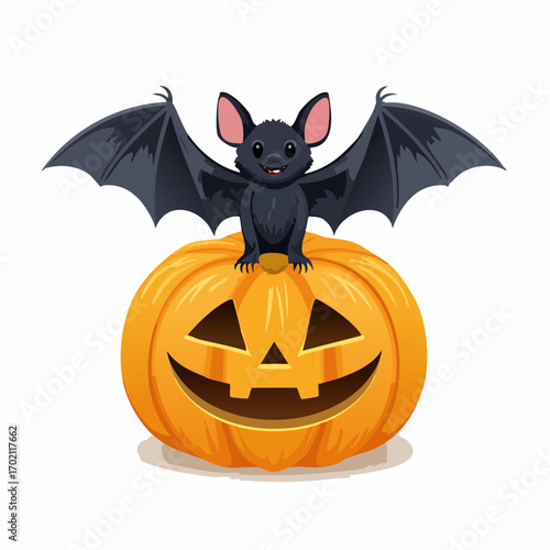Citrouille avec visage sculptée, chauve-souris, Halloween, fond blanc