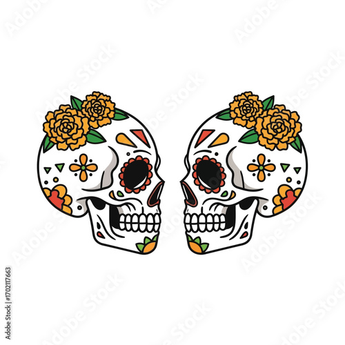 Two intricately designed sugar skull illustrations, facing each other with vibrant floral embellishments, representing rich cultural artistry and festive decoration