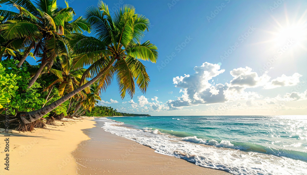Obraz premium Tropical beach with palm trees and ocean
