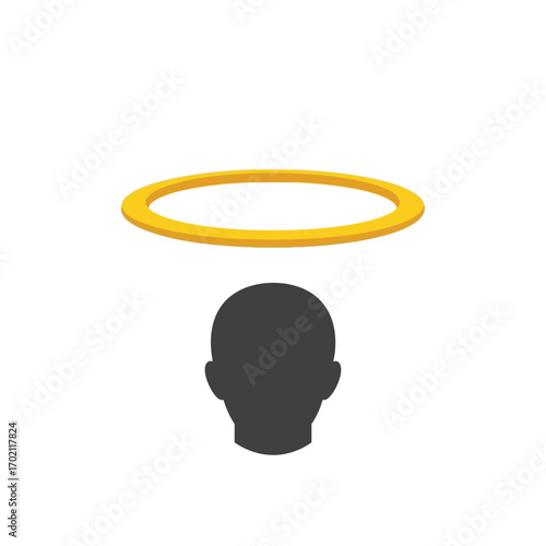 Conceptual illustration of sainthood and goodness, featuring a golden halo floating above a dark head silhouette icon on a white background