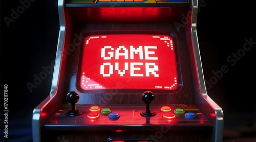 Vintage Arcade Machine with a Glowing Red game Over Screen and Control Panel