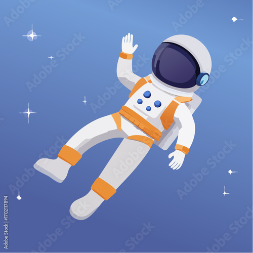 Astronaute flottant en apesanteur dans l'espace et faisant un signe de la main pour saluer