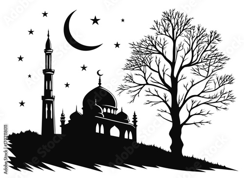 Mosque Silhouette with Crescent Moon – Islamic Architecture Vector for Ramadan and Eid Design