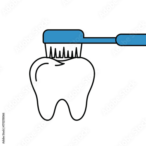 Minimalist line art graphic of a toothbrush brushing a molar tooth, symbolizing oral health and proper dental hygiene care