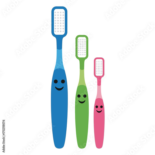 An adorable family of cartoon toothbrushes with happy smiley faces, illustrating the concept of daily dental care and oral hygiene for parents and kids