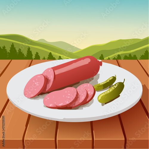 Saucisson et cornichons, rustique, gastronomie Française traditionnelle, table en bois, nature en arrière plan 