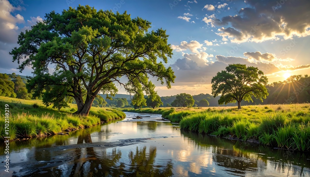 Fototapeta premium A tranquil river winds through a grassy meadow, framed by lush green trees under a vibrant sunset sky.
