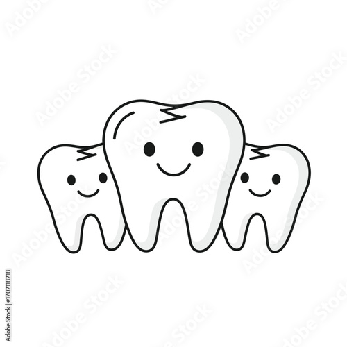 Cute cartoon teeth characters with happy smiles. An illustration representing a healthy dental family concept for oral hygiene and clinic care