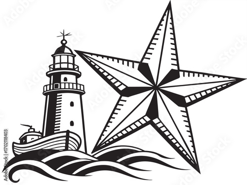 Lighthouse and Nautical Star Vector – Maritime Beacon Illustration for Coastal Design