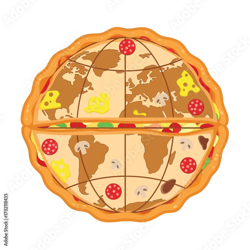 A creative conceptual illustration of planet Earth shaped like a delicious pizza with various toppings representing the continents