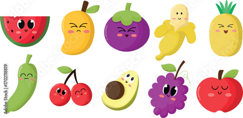 Variety of fruit and vegetable emoji illustrations including mango, apple, banana, pineapple, grapes, brinjal, cakes and beverage icons vector set