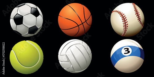 Sport ball vector mockup with basketball, soccer and football realistic isolated game equipment emoji icons on transparent background