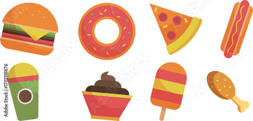Fast food vector icon set with burger, pizza, fries, chips, shawarma and ice cream illustrations on transparent background