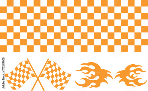 High-speed racing cars and dynamic racing stripe design with checkered flag, finish line, motorsport decals and fast automotive elements vector illustration