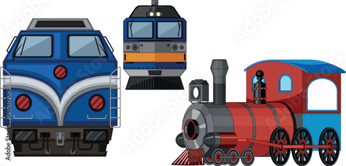 Emoji train icon set with ancient steam engine front and side view vector illustrations for transport and travel design