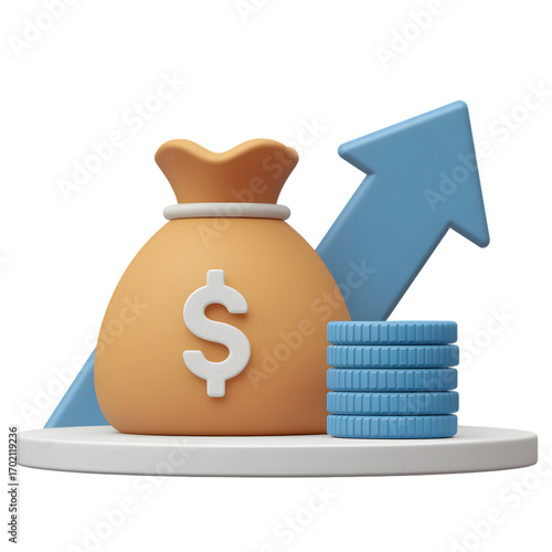 3D Illustration of a Money Bag with Increasing Graph and Coins