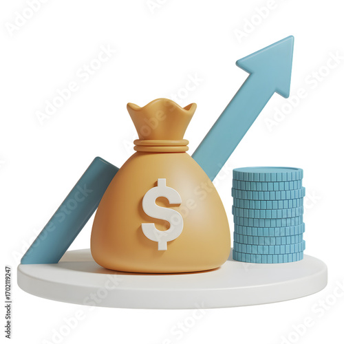 3D illustration of a money bag with upward trend and coins, representing financial growth.