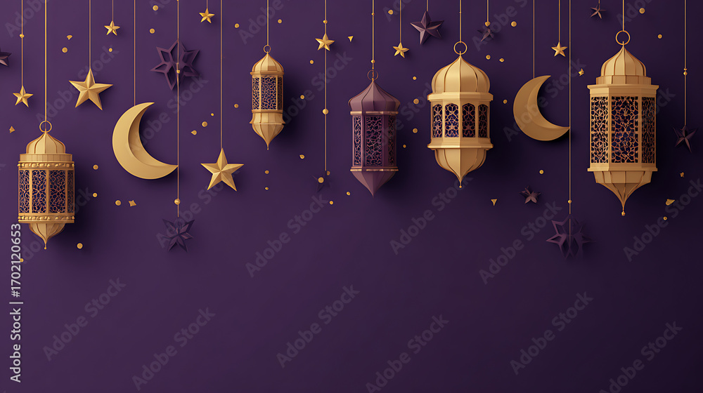 Obraz premium Decorative lanterns and celestial shapes hang against a rich purple backdrop, creating a festive atmosphere