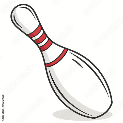 Isolated bowling pin leaning with red stripes and a drop shadow